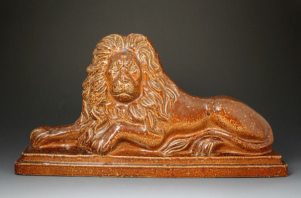 Antique English pottery stoneware saltglaze figure of a lion. Derbyshire area c1830