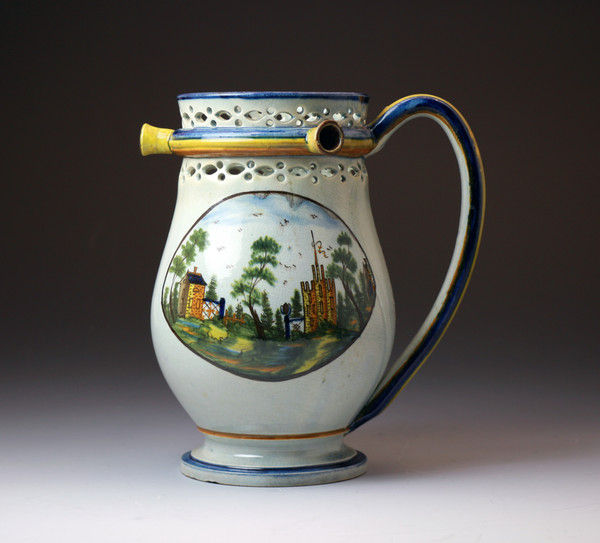 Antique English pottery Prattware puzzle jug c1800 Staffordshire or Yorkshire