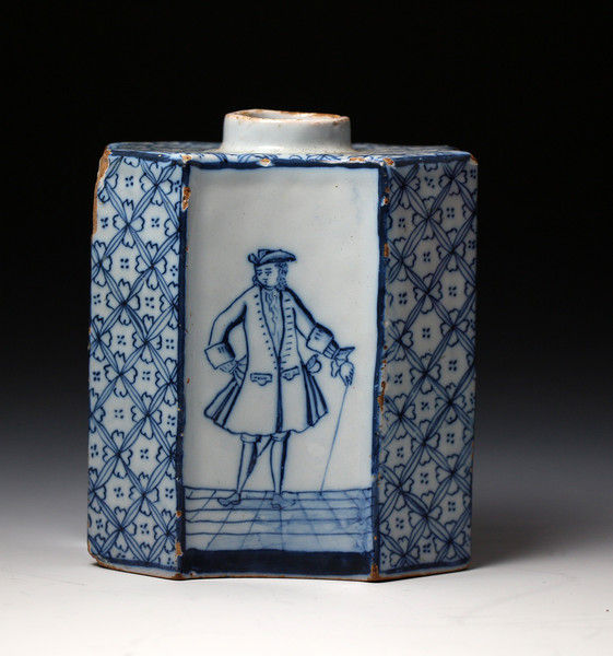 Antique English London delftware pottery tea caddy with images of a gentleman and his wife