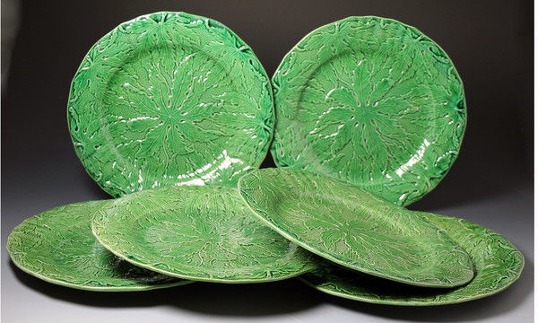 Six antique English pottery green glaze plates from the Herculaneum pottery in Liverpool