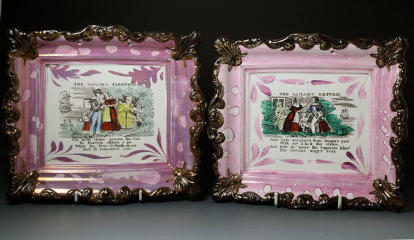 Antique English pottery plaques with pink luster decoration.Sunderland Pottery c1840