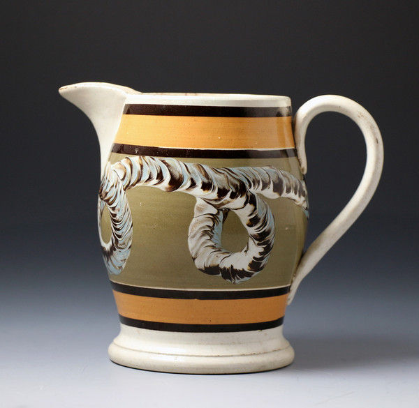  English or Welsh pottery antique mochaware pitcher , earth worm pattern c1820