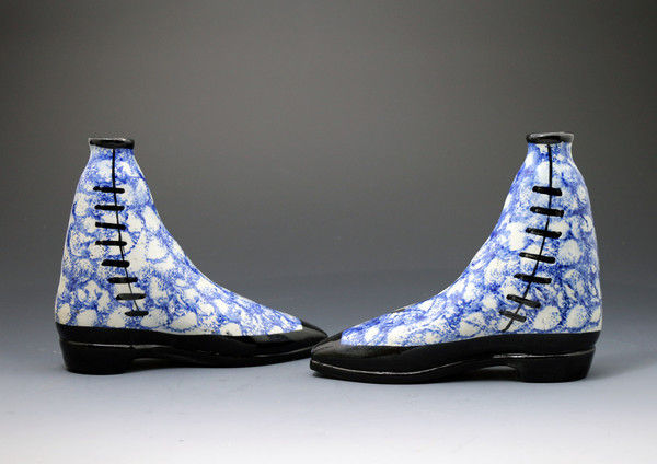 Pair antique pottery spongeware boot shaped  spirit flasks.Scottish pottery c1855