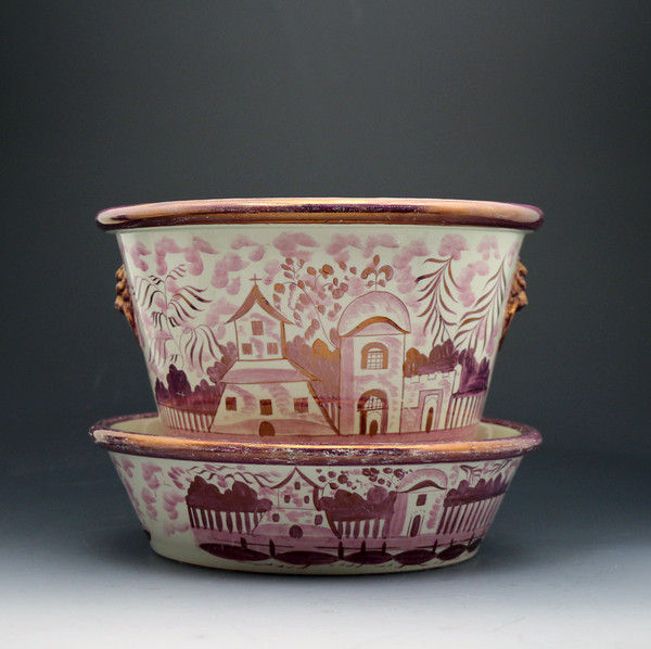 Pink Luster English pottery jardiniere with original stand tray circa 1820