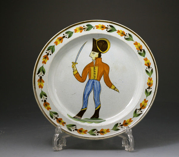 Antique English pottery Prattware plate with figure of a soldier c1795