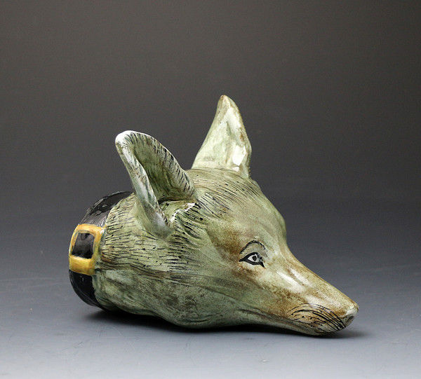 Antique Scottish pottery fox head stirrup cup early 19th century period.