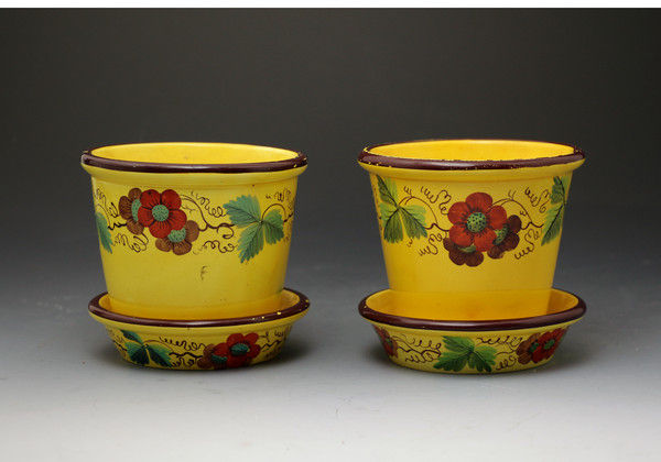 Pair antique English canary yellow pottery jardinieres with stands British early 19th century period