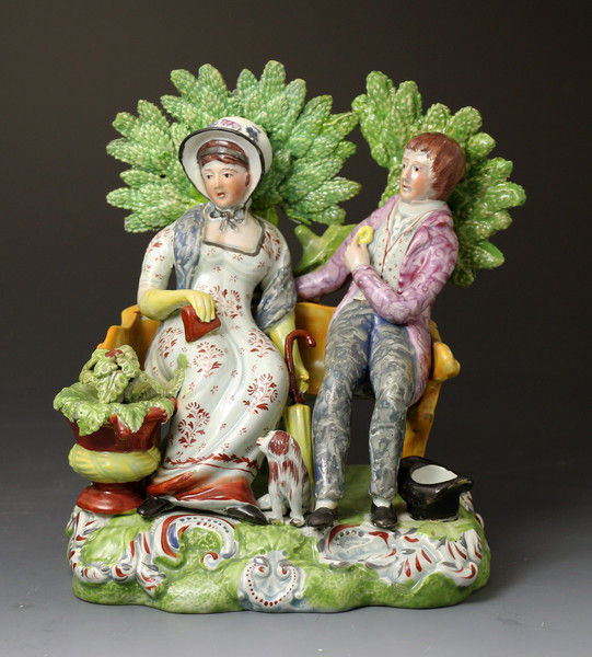 Antique English pearlware bocage figure Persuasion Staffordshire Pottery early 19th century period