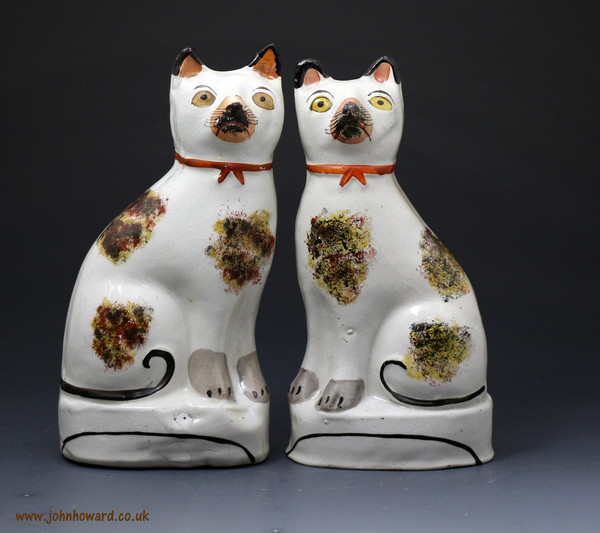 Antique Staffordshire pottery pair figures of seated cats Victorian period mid 19th century