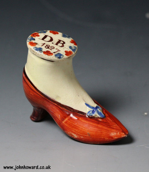 Antique Staffordshire pottery pearlware model of a snuff box in the form of a shoe dated 1827