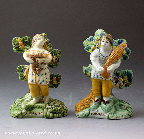 Antique English pottery figures of Summer and Autumn with bocage circa 1795