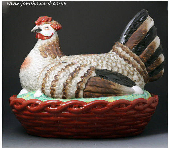Massive scale Staffordshire pottery hen on nest circa 1875