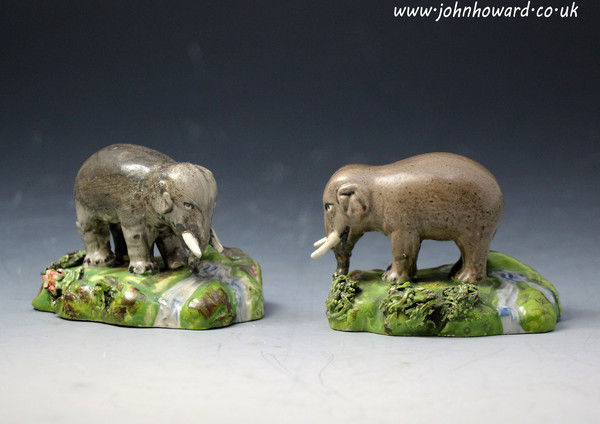 Antique Staffordshire pottery pair of pearlware elephants by ENoch Wood early 19th century