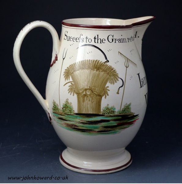 Antique English creamware pottery pitcher named and dated 1791 with Farming motifs and legends.