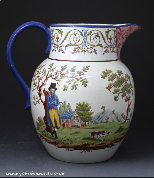 Large  English pottery pearlware pitcher with figures of a youth and his dog the reverse with birds in trees in chinoserie style.