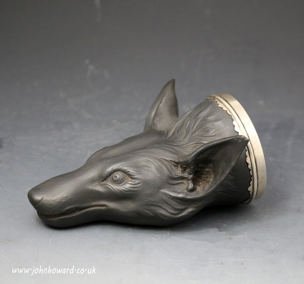 Antique black basalt fox head stirrup cup by Wedgwood 18th century