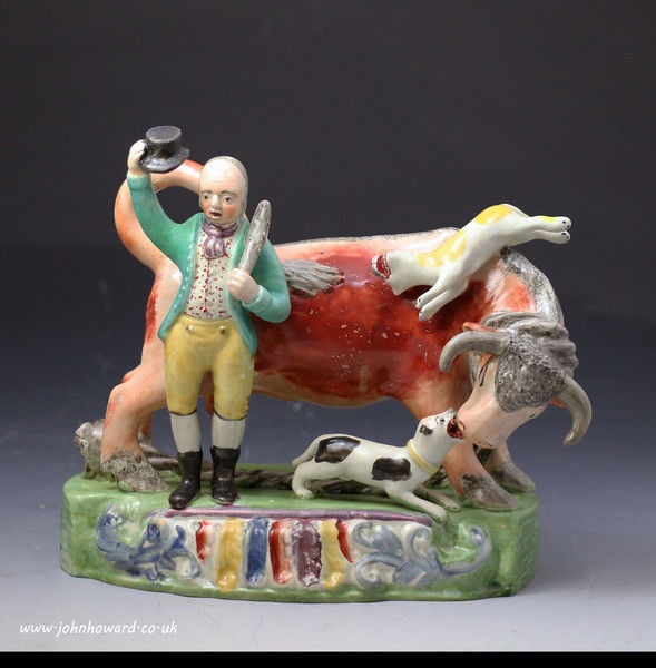 Antique Staffordshire pottery pearlware Bull Baiting figure by Sherratt.