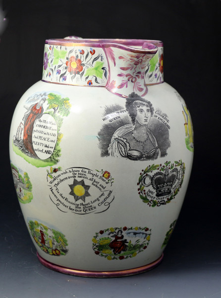 Massive  Pink luster Queen Caroline pitcher Sunderland Pottery. c1820