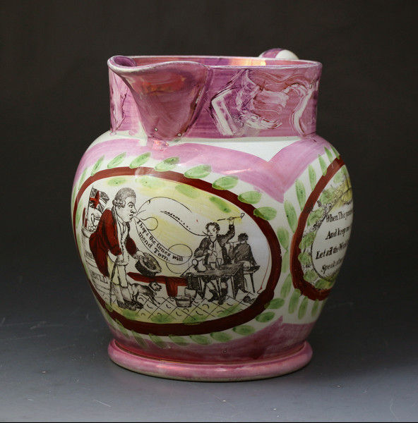 Sunderland pottery pink lustre jug with transfer cartoon prints related to John Bull c1820