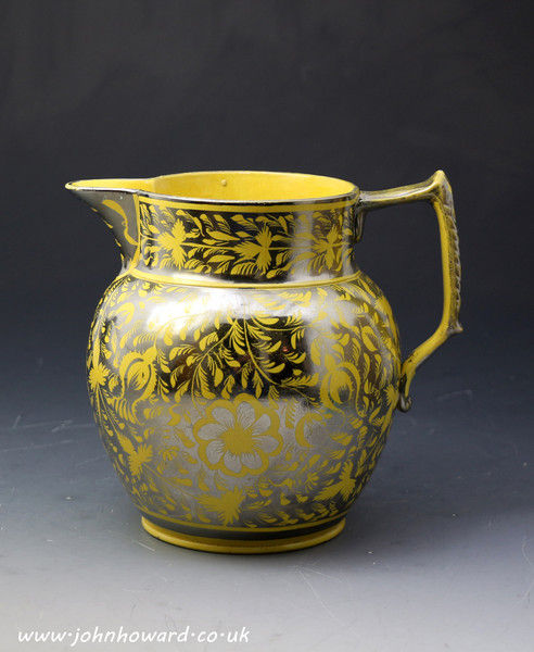 Antique British pottery silver luster resist decorated pitcher with a canary yellow ground circa 1820