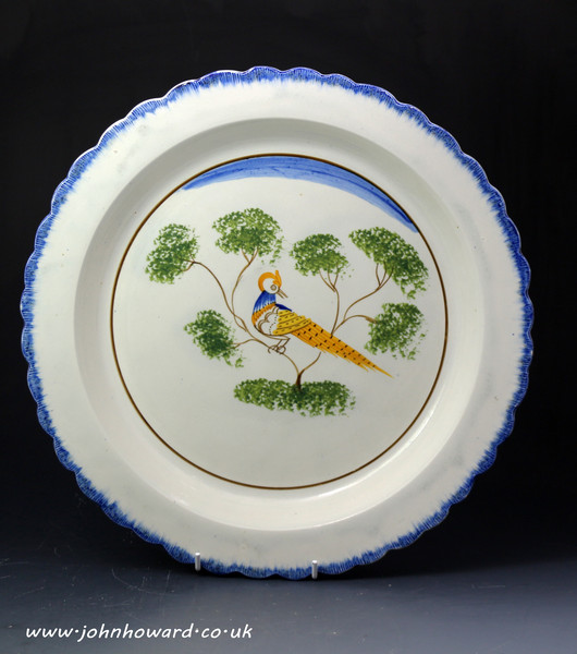 Antique pottery pearlware charger with Peafowl English early 19th century