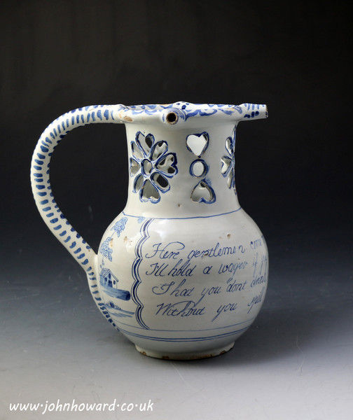 English Delftware pottery puzzle jug.  Liverpool 18th century