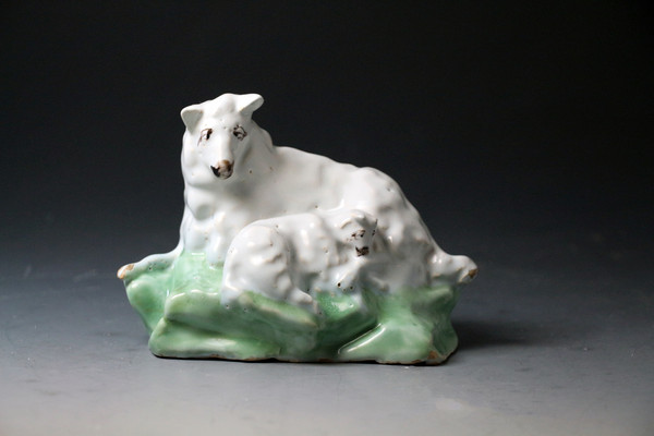 Antique English delftware pottery figure group mid 18th century probably Liverpool pottery. 