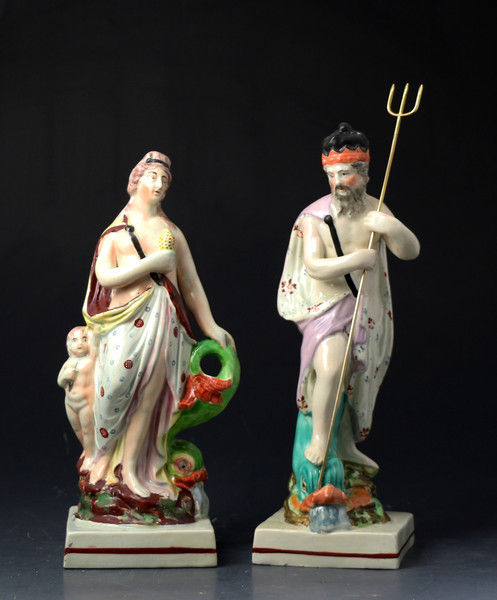 Antique Staffordshire pottery figures of Neptune and Venus late 18th century period