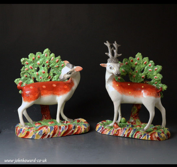 Antique Staffordshire Pottery pair of Stag and Doe with bocage attributed to the Samuel Hall Pottery
