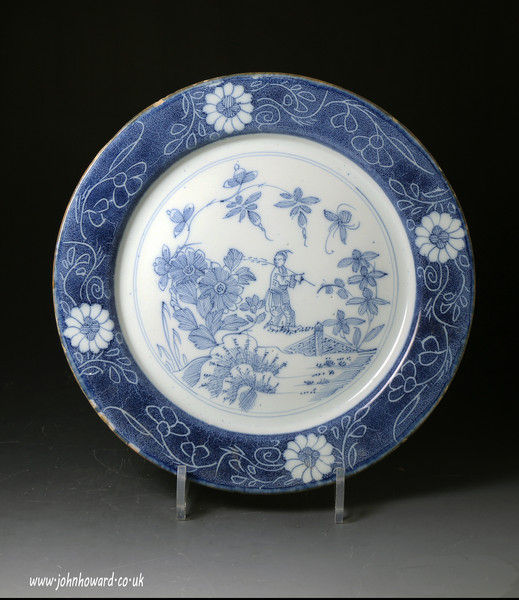 Antique English delftware pottery large sized plate Lambeth London mid 18th century