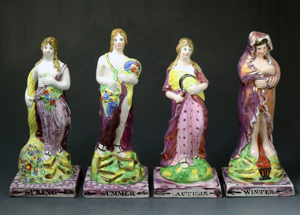 Set of the Four Seasons Figures in pink luster Dixon Austin Pottery North East England ealry 19th century