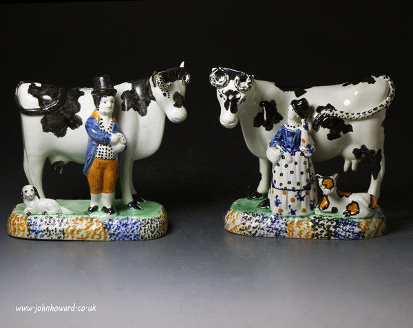 Antique Yorkshire pottery prattware cows with male and female attendants c1810 
