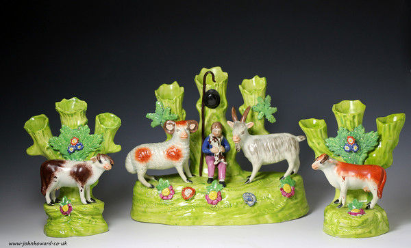 Antique Dale and Co Staffordshire pottery pearlware trio of rural figure groups early 19th century
