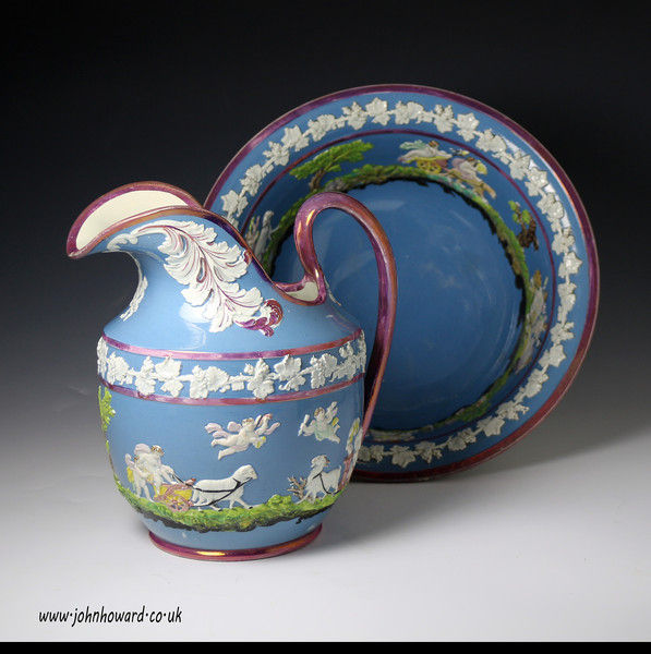 Antique English pottery ewer and basin with luster decoration by Wood and Caldwell Staffordshire circa 1820