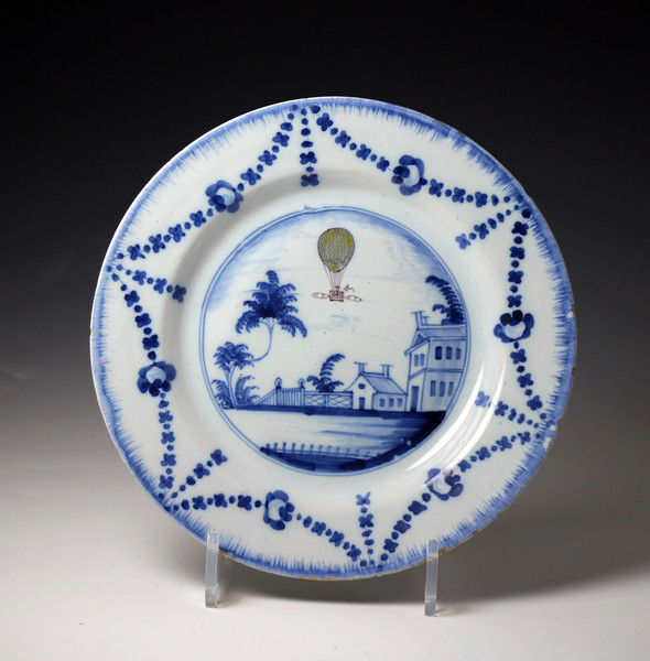 Antique English delftware pottery Balloon plate, London c1785