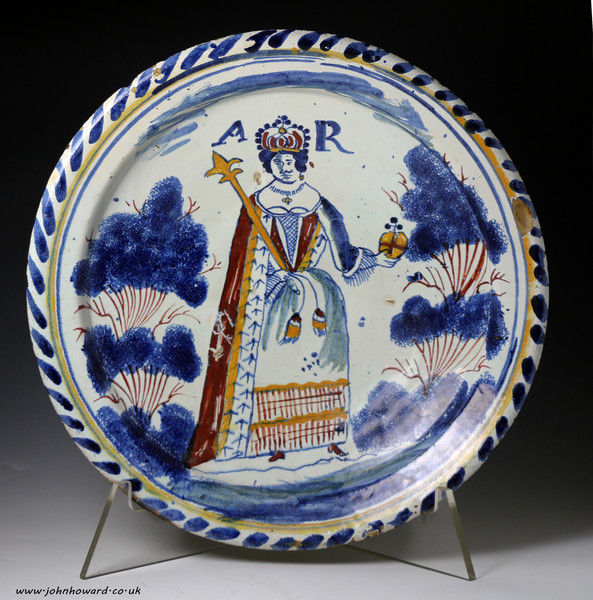 English delftware earthenware blue dash Royalty portrait charger Queen Anne circa 1700 period, Bristol or Brislington.