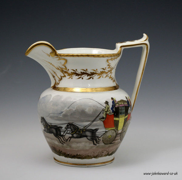 Antique English porcelain pitcher with hand decorated coaching scene, early 19th century