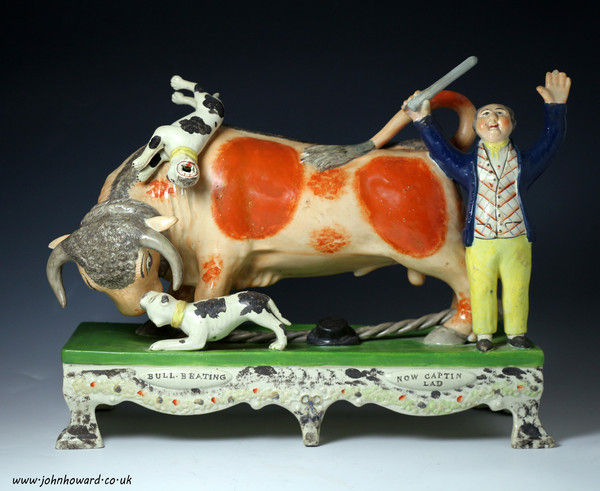 Antique Staffordshire pottery figure Bull Baiting group table base 