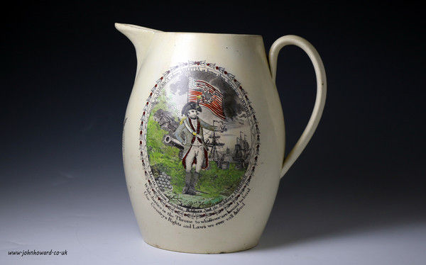 Antique English creamware pottery pitcher American Independence c1800