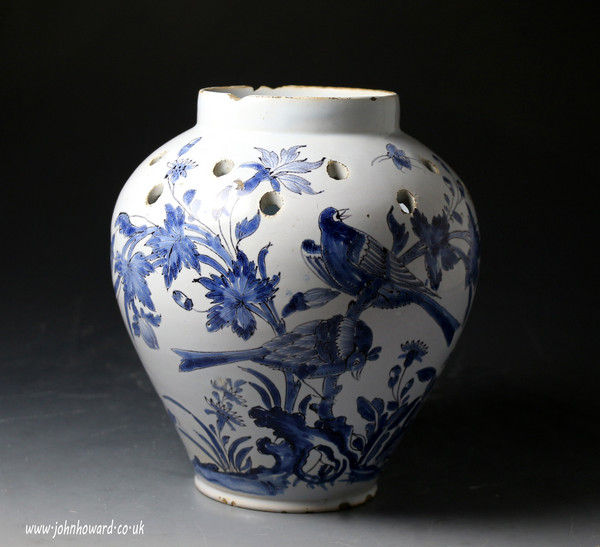 Antique delftware vase with pierced holes at shoulder  late 17th cemtury