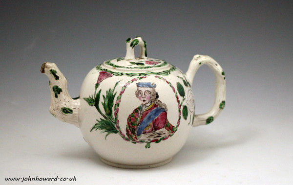 Staffordshire pottery Jacobite theme saltglaze teapot with Bonnie Prince Charlie portrait mid 18th century