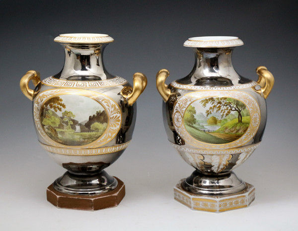 Antique English silver luster pottery vases with painted rural scenes circa 1810/15