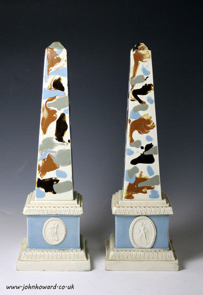 Mocha decorated pearlware obelisks .English pottery circa 1785