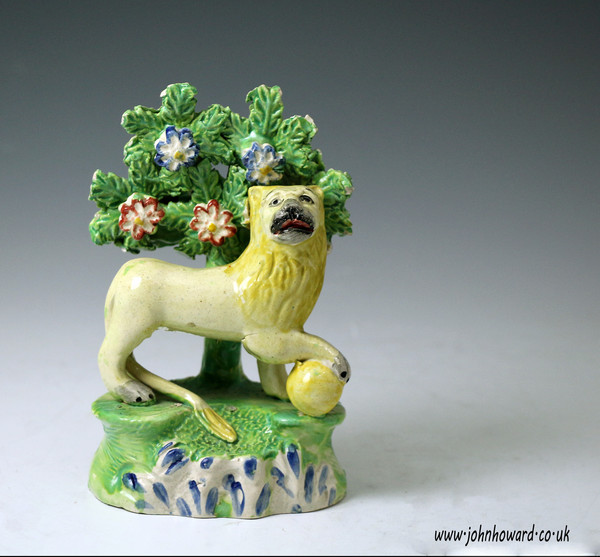 Staffordshire pottery pearlware bocage figure of a lion antique period early 19th century