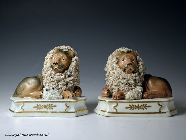 Pair of Lion and lamb figures by John and Rebecca Lloyd , Shelton Staffordshire England, circa 1836