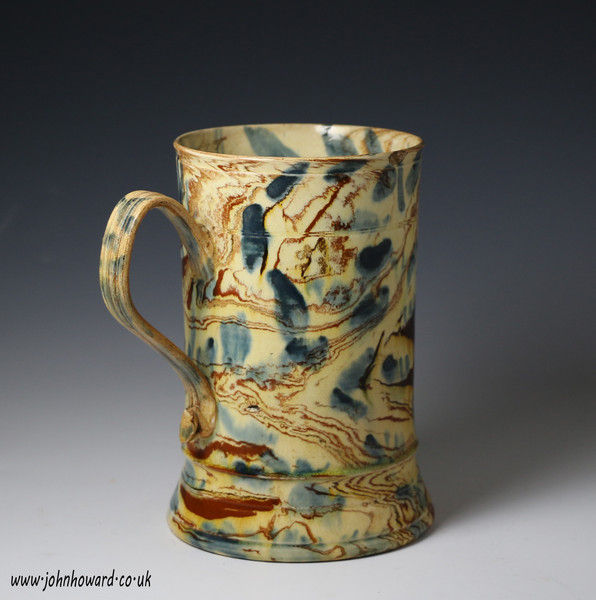 Early Staffordshire pottery Agateware tankard attributed Samuel Bell Pottery Newcastle under Lyme c1745/55 period.