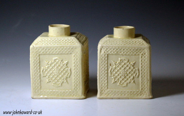 Early pair of English lead glazed creamware tea canisters circa 1755-60 period