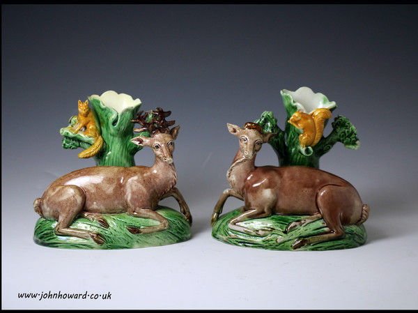 Ralph Wood of Burslem Staffordshire pair of stag and hind figures late 18th century period.