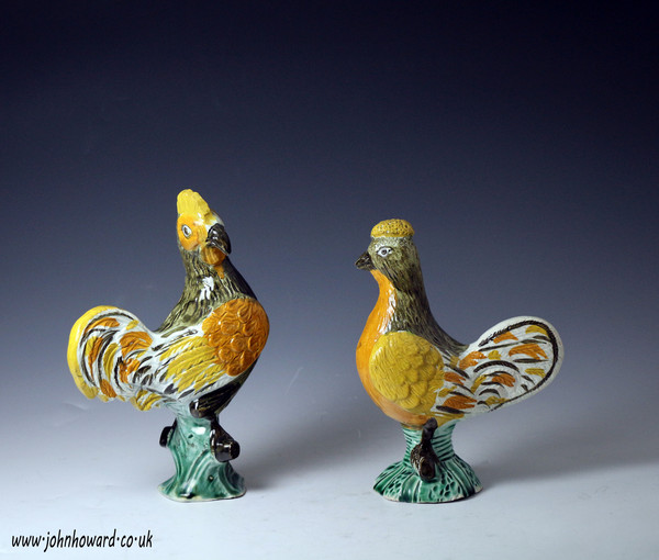 Pair of Prattware English pottery figures of a rooster and hen early 19th century