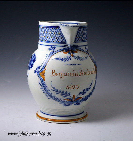 Pearlware pitcher Swinton Pottery Yorkshire dated 1803 named Benjamin  Roebuck